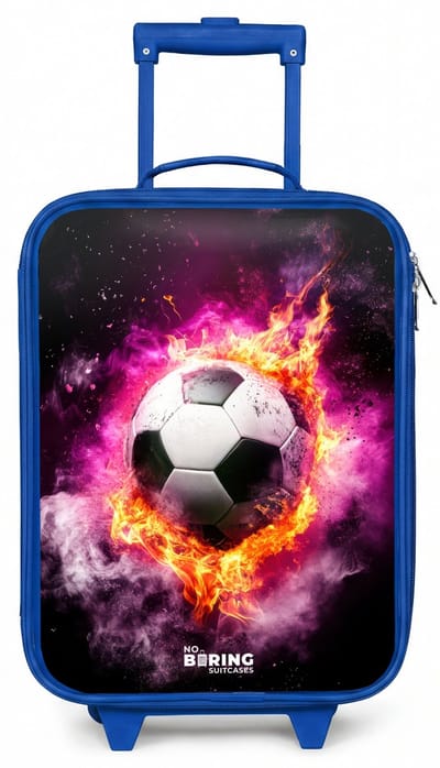 NoBoringSuitcases.com® - Kinderkoffer blauw - Kindertrolley jongen - Voetbal in roze vuur explosie - Koffer kind lichtgewicht - Reiskoffer trolley voor kinderen - Koffertje met lichtgevende wieltjes - Rolkoffer