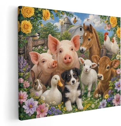 Artaza Canvas Schilderij Boerderijdieren In Bloemenrijke Natuur - Landelijk - 100x80 cm - Wanddecoratie Woonkamer - Schilderijen - Muurdecoratie