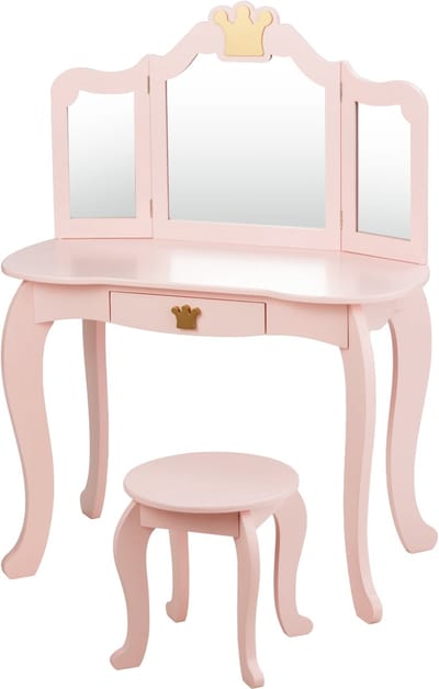 COSTWAY Kaptafel voor kinderen, met kruk en afneembare spiegel, houten kaptafel voor meisjes, kindertafel met lade, spiegeltafel, 80 x 42 x 105 cm (roze)