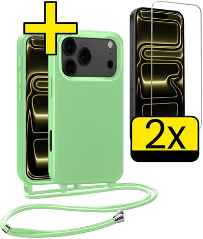Hoesje Geschikt voor iPhone 17 Pro Hoesje Met Koord Met 2x Screenprotector Siliconen Case - Hoes Geschikt voor iPhone 17 Pro Backcover Met Afneembaar Koord - Groen