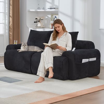 Modulaire corduroy bank voor 2 personen, vrij combineerbaar, vacuümverpakt inclusief bekerhouder en opbergvak aan de zijkant. Ideaal voor woonkamers, familiekamers en andere ruimtes. Zwart