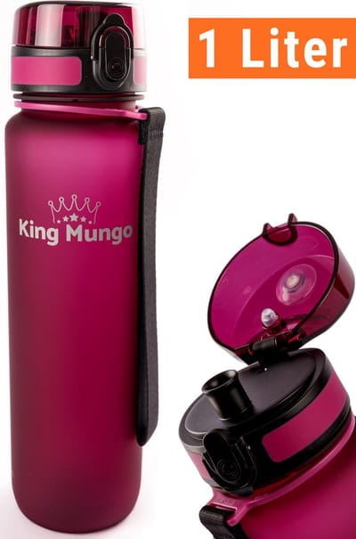 Drinkfles 1 Liter King Mungo | Lekvrij en Vaatwasserbestendig | Sterk Tritan BPA vrij | Waterfles Zonder Rietje | Mat Paars Rood