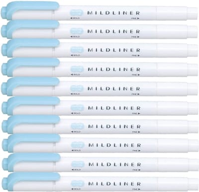 Zebra Mildliner Double-Sided Highlighter - Fine / Bold – Mild Blue Set van 10 + een Luxe Zipperbag - WKT7-MBL