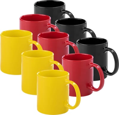 Bellatio Design Koffie mokken/drinkbekers Auxerre - 9x - keramiek - geel/rood/zwart - 370 ml
