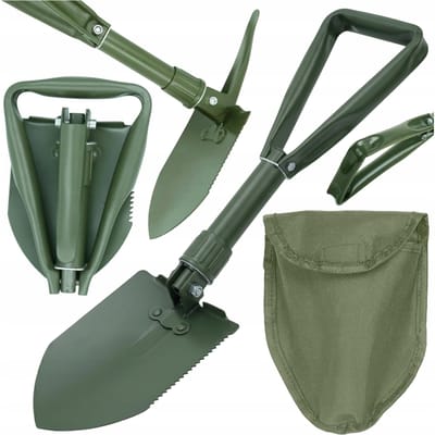 Opvouwbare overlevingsschop Militair kampeer-multitool, compact tactisch graafgereedschap met houweel en gekarteld zaagblad, roestbestendig stalen lemmet, draagtas inbegrepen, 47 cm uitgeklapt, 20 cm
