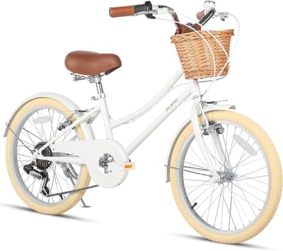 SnelShoppen - Meisjesfiets 20 inch Cruiser, 6 Versnellingen, Hybride Stadsfiets voor Kinderen 6-12 jaar, Lichtgewicht Wit met Rieten Mand, Perfect voo