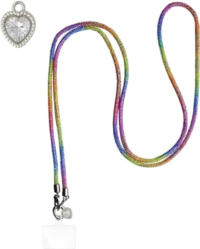 ADEL Universeel Telefoonkoord met Perfecte Lengte voor Crossbody - Telefoonketting 140 cm - Stevig Koord Telefoon en Smartphone - Geschikt voor o.a. iPhone, Google Pixel, Samsung, Lenovo en Xiaomi - Bling Glitter Regenboog