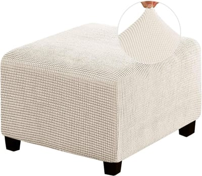 Daity Stretch voetenbankhoes Vierkante voetenbankhoes voor de woonkamer Voetenbank stretchhoes past op voetenbank Ottoman - dikke geruite jacquardstof met elastische onderkant (medium - biscotti beige)