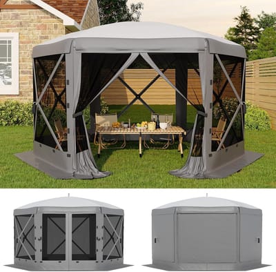 Partytent Hexagonale met Gaas & Afneembare Zijwanden - 350x350x220cm - Pop-up Paviljoen - Waterafstotend - Buitentent voor Camping, Tuinfeest, Evenementen - Donkergrijs + Lichtgrijs