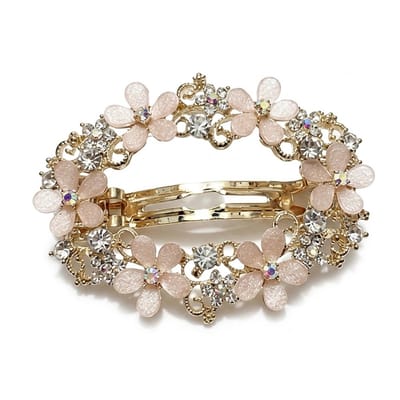 Beige bloemen haarclip dames – goudkleurige haarspeld met bloem decoratie en strass steentjes – elegante rechthoekige haar clip