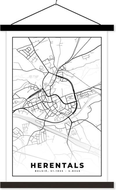 Posterhanger incl. Poster 40x60 cm - Schoolplaat - Stadskaart – Plattegrond – België – Zwart Wit – Herentals – Kaart - Textielposter - Zwarte latten - Stadskaart