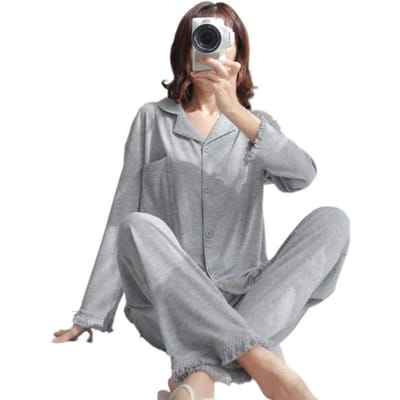Pyjamas en Coton Pur, Pantalon à Manches Longues pour Femmes Printemps et Automne, Nouveau Style, Pompons, Couleur Unie, Sensation Haut de Gamme XXL