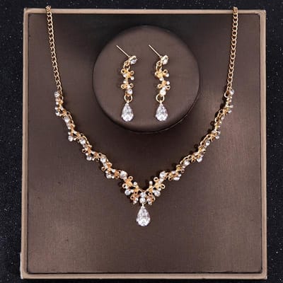 Bruidshoofddeksel Luxe Zilverkleur Kristal Waterdruppel Strass Tiara Ketting Oorbellen Bruiloft 4-delige Sieradenset black