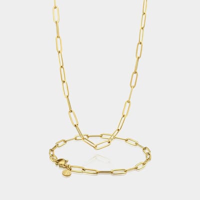 Paperclip Ketting 3 mm x Paperclip Armband 3 mm - Gouden Schakelketting en Schakelarmband Heren - 50/19 cm lang - Olympus Jewelry