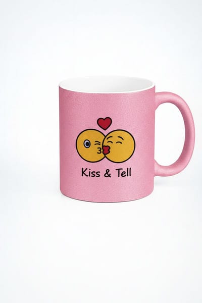 Roze Glitter Mok met Kus Emojis & "Kiss & Tell" Tekst | Uniek Liefdes Cadeau Beker