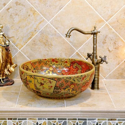 Opzetwastafel badkamer keramiek rond 42 x 42 x 15 cm retro luxe Jingdezhen porselein antiek bloemen design wastafel werkblad wastafel badkamer vintage stijl | jdzjybqx