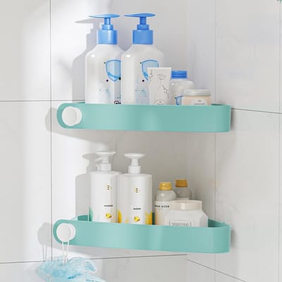 2-Pack Hoekdouchehouder met Enkele Boorgaten en Lijmpad, Rvs en Kunststof Douche Organizer voor Badkamer, Keuken en Toilet (Turquoise)