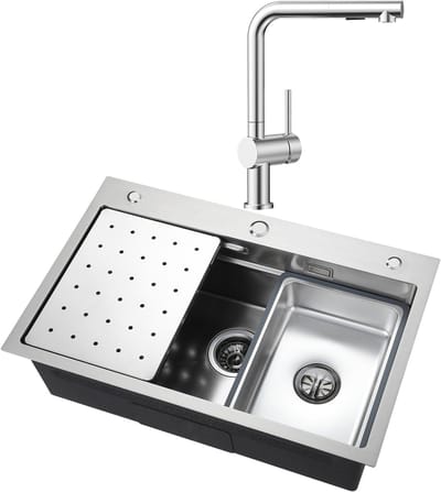 CECIPA max Spoelbakken met Kraangat 70x45 cm - Spoelbak Keuken Met Uittrekbare Uitloop Keukenkraan - Multifunctionele Spoelbak - Incl. Sifon en Afvoerzeefje - Gootsteen Voor Roestvrij staal