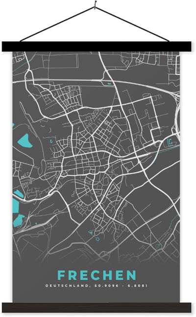 Posterhanger incl. Poster 40x60 cm - Schoolplaat - Stadskaart – Frechen – Duitsland – Plattegrond – Kaart - Textielposter - Zwarte latten - Stadskaart