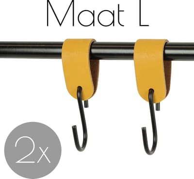 2x Leren S-haak hangers- Handles and more® | OKERGEEL - maat L (Leren S-haken - S haken - handdoekkaakje - kapstokhaak - ophanghaken)