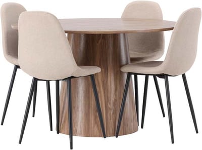 Lanzo eethoek tafel naturel en 4 Polar stoelen beige.