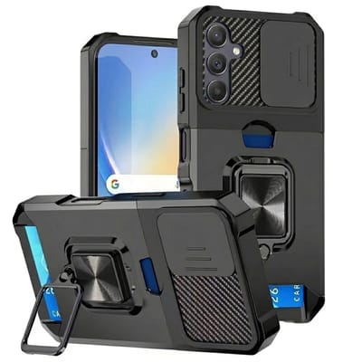 Zwart telefoon hoesje geschikt voor Samsung S25 FE – robuuste backcover case dames en heren – schokbestendig ontwerp met metalen standaard en kaarthouder