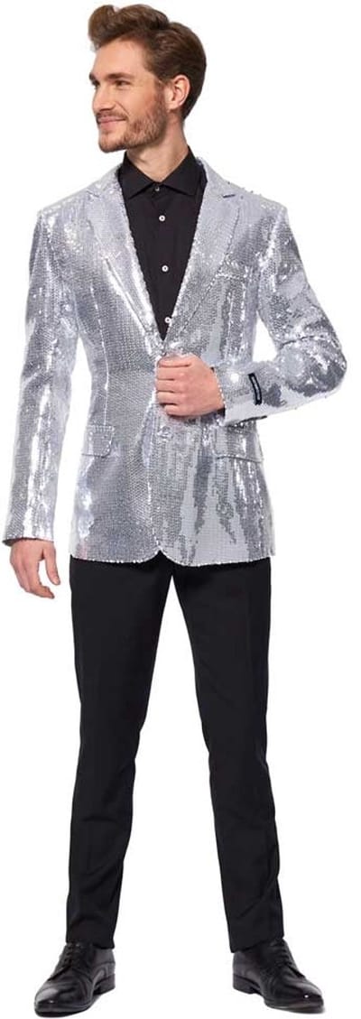Suitmeister Sequins Zilver - Heren Blazer - Kerst - Oud en Nieuw - Glimmende Pailletten - Toppers Outfit - Zilver Jasje - Maat S