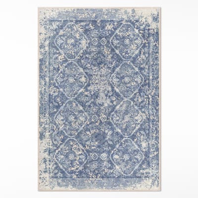 Wallfluent Vinyl Tapijt - Stijlvol Ornament Gedragen Vintage Patroon Tapijt Vinyl - 60 x 90 cm - Rechthoek PVC Tapijt - Blauw Vinyl Vloerkleed - Keukentapijt - Haltapijt
