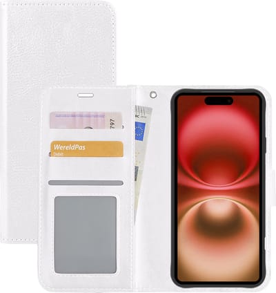 Hoesje - Met Pasjeshouder - Geschikt voor Apple iPhone 16 Plus - Luxe Bookcase Portemonee - Flip Case - Kunstleer Book Case - Flipcase - Book Cover - Walletcase - Portemonneehoes - Wit