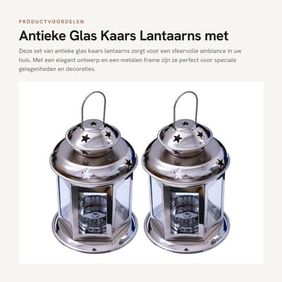 Dailygoods- Kaarsenhouder Antiek Glas - Lantaarn voor Binnen/Buiten - 2 Stuks - Metalen Frame - Decoratie voor Votieven/Theelichten - 16.5x9.5x9.5cm