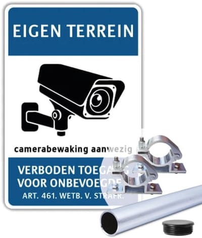 Eigen Terrein - Camerabewaking - Weerbestendig Aluminium - 40x60 cm - Bevestiging: Met paal 150 cm + paalbeugels + paaldop