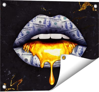 Gards Tuinposter Dollar Lippen met Goud - 50x40 cm - Tuindoek - Tuindecoratie - Wanddecoratie buiten - Tuinschilderij