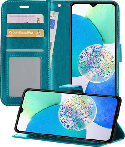 Hoesje - Met Pasjeshouder - Geschikt voor Samsung Galaxy A14 - Luxe Bookcase Portemonee - Flip Case - Kunstleer Book Case - Flipcase - Book Cover - Walletcase - Portemonneehoes - Telefoonhoesjes - Turquoise