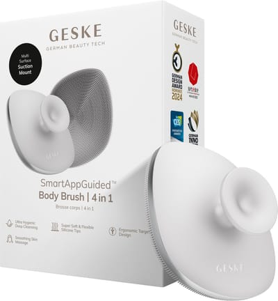 GESKE Body Brush | 4 in 1 | Ontwerp met metalen ring | Reinigingsborstel voor het hele lichaam | Dieptereiniging | Zachte siliconen borstelharen | Ergonomisch ontwerp met twee vingers