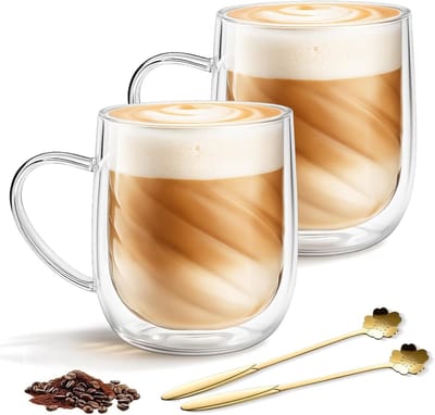 Dubbelwandige Borosilicaat Glazen voor Latte Macchiato, 350 ml, met Handvat en Lepel, Perfect voor Koffie, Thee en Warme Dranken (Set van 2)