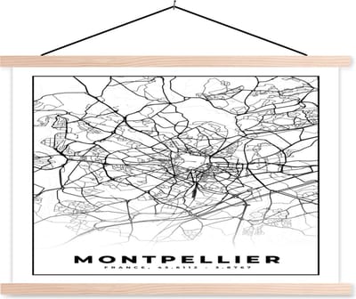 Posterhanger incl. Poster 90x60 cm - Schoolplaat - Stadskaart - Montpellier - Plattegrond - Kaart - Frankrijk - Zwart wit - Textielposter - Blanke latten - Stadskaart