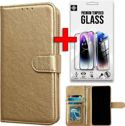 Casemania Hoesje & Glas Geschikt voor Apple iPhone 16e - Goud - Luxe Portemonnee Book Case - Glazen Screenprotector