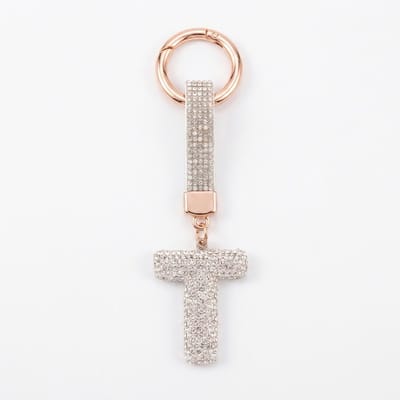 Zilverkleurige sleutelhanger met letter T en strass steentjes – initial sleutelhanger voor dames en heren – metalen sleutel hanger met ronde ring en decoratieve letter hanger