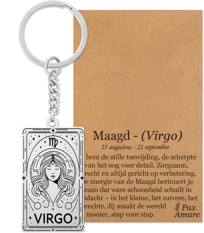 Sterrenbeeld Maagd (Virgo) Sleutelhanger Zilverkleurig - Zodiac in de stijl van Rider-Waite Tarot - Roestvrij Staal / Stainless Steel - Pax Amare
