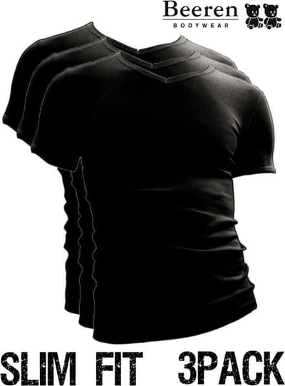 Beeren heren T-Shirt - V-Hals - maat M - 3-Pack - Zwart - Slim Fit