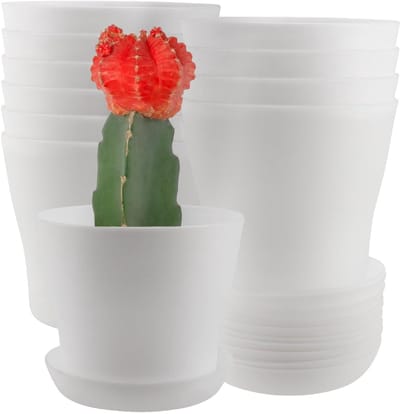 Bloempot van kunststof, met onderzetter, kleine bloempotten, klein, 9,5 cm, wit, voor vetplanten, cactussen, kleine planten, binnen en balkon, 10 stuks