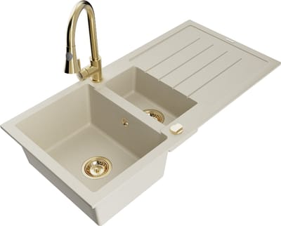 Mexen Andres 1,5-kompartement granieten gootsteen met afdruiprek en keukenmengkraan Elia, beige - 6515-69-670101-50