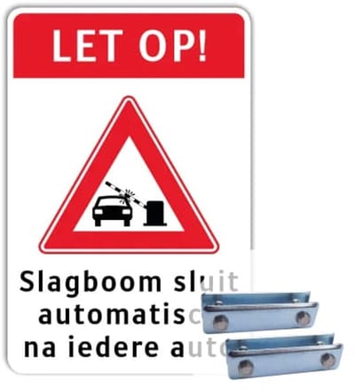 Bord Slagboom sluit automatisch - Weerbestendig Aluminium - 40x60 cm - Bevestiging: Met hekbeugels (voor spijlen- of gaashek)