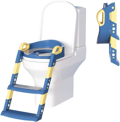 WC Verkleiner met Trapje - Toilettrainer met Handvaten en Opstapje - Toiletbril met Trapje - Opvouwbaar Toilet Bril Zitje - WC Zindelijkheids Training voor Jongens/Meisjes - Urinoirs voor Kind/Peuter van 2 tot 7 jaar - Toiletverkleiner - Blauw