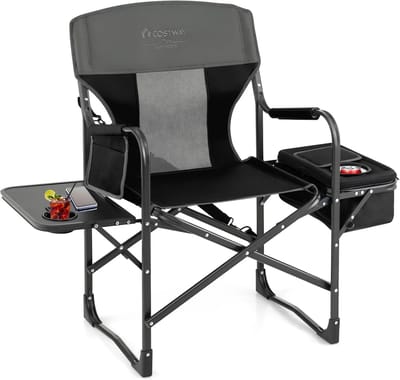COSTWAY Campingstoel met zijtafel, koeltas en opbergtas, inklapbare visstoel, 180 kg draagvermogen, regisseursstoel, draagbaar, vouwstoel, klapstoel voor camping, vissen, picknick (zwart)