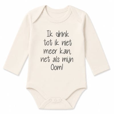 Baby Rompertje met grappige tekst | Ik drink tot ik niet meer kan, net als mijn oom!  | lange mouw | wit met zwart | maat 62/68