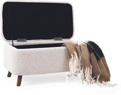 Nolon Julia Bankje Bouclé Beige - met Opbergruimte - Houten Poten - Halbankje - 82 cm