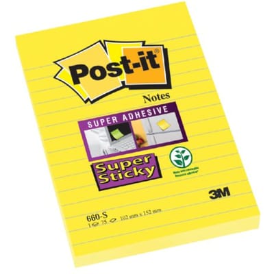 Post-it® Super Sticky Notes, Geel, Gelijnd, 102mm x 152 mm, 1 blok, Individueel Verpakt, 75 Blaadjes/Blok