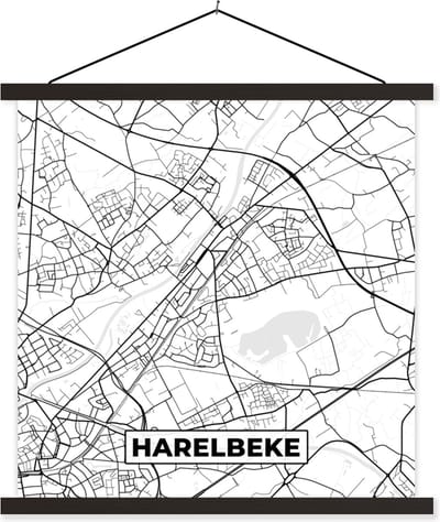 Posterhanger incl. Poster 60x60 cm - Schoolplaat - Stadskaart – Zwart Wit - Kaart – Harelbeke – België – Plattegrond - Textielposter - Zwarte latten - Stadskaart