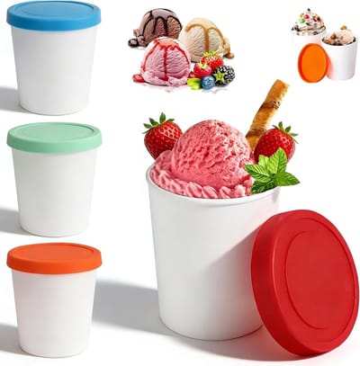 Set van 4 Herbruikbare IJscontainers met Siliconen Deksel voor IJs en Sorbet, Ideaal voor Thuisgemaakt IJs, Vriesdozen en IJsopslag